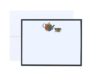 Pressed Linen - Eight Piece Elegant Flat Note Card Set - Tea Pot and Cup