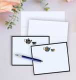 Pressed Linen - Eight Piece Elegant Flat Note Card Set - Tea Pot and Cup